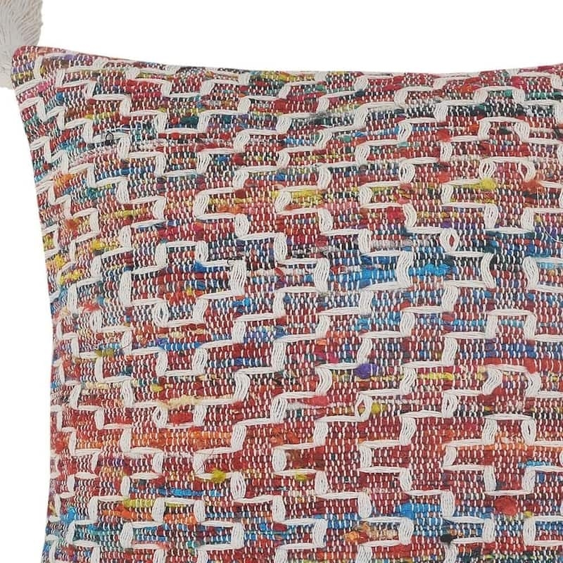 Throw Pillow: Red and Navy Geometric Diamond Pattern with Corner Tassels.