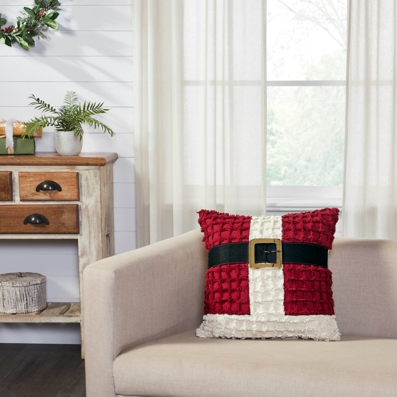 Throw Pillow Red Chenille-Like Fabric Santa Suit Motif Buckle Detail