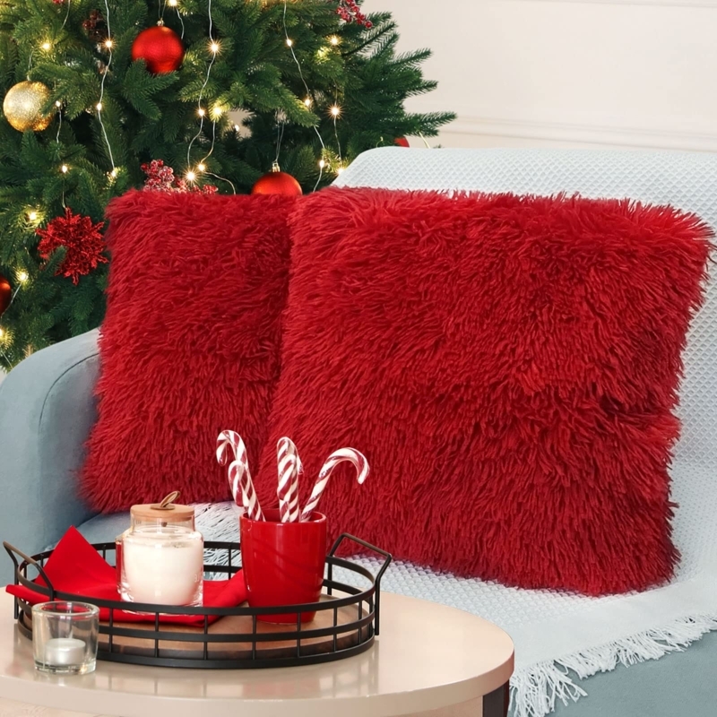 Throw Pillow Red Shaggy Pile Faux Fur High Texture Modern Glam