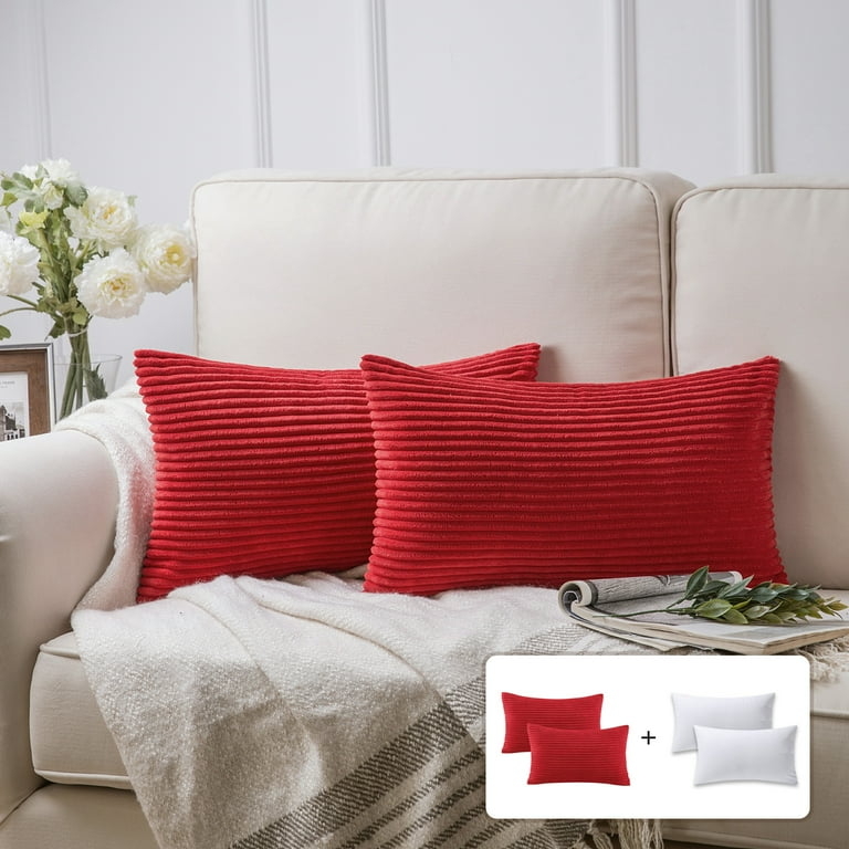 Throw Pillow Red Wide-Ribbed Corduroy Texture Rectangular Form Plush