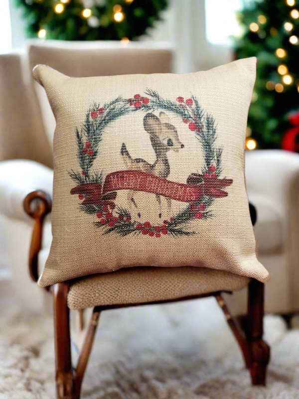 Throw Pillow: Reindeer Graphic, Wreath Motif Farmhouse Decor