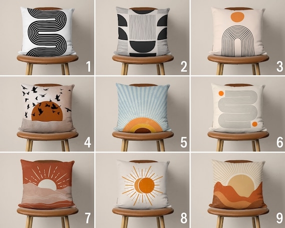Throw Pillow Retro Sun Graphic Earth Tones Burnt Orange Linen Boho