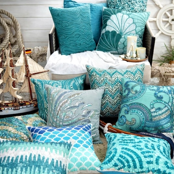 Throw Pillow Ribbon Embroidery Turquoise Sequins Coastal Glam Wave