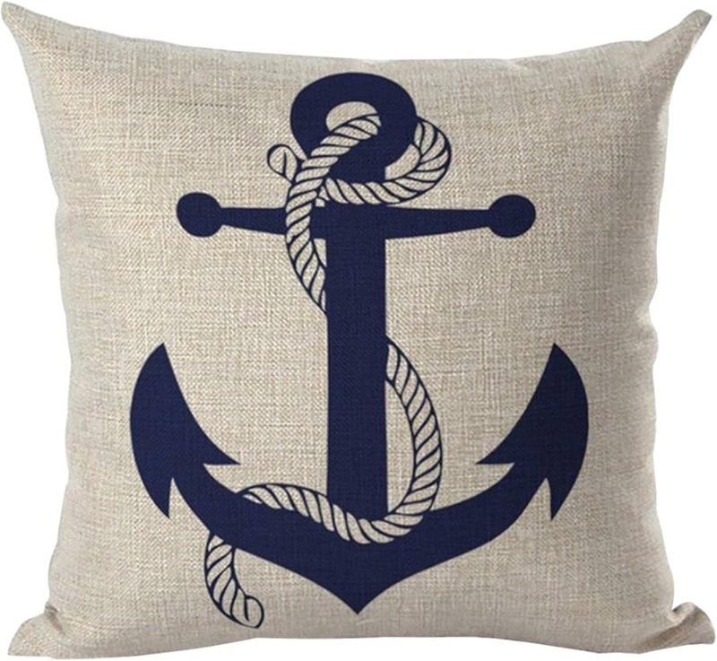 Throw Pillow, Rope Border, Anchor Print, Linen Texture, Square Shape.