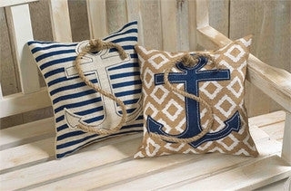 Throw Pillow, Rope Trim, Anchor Motif, Linen Textured Fabric, Burlap Like.