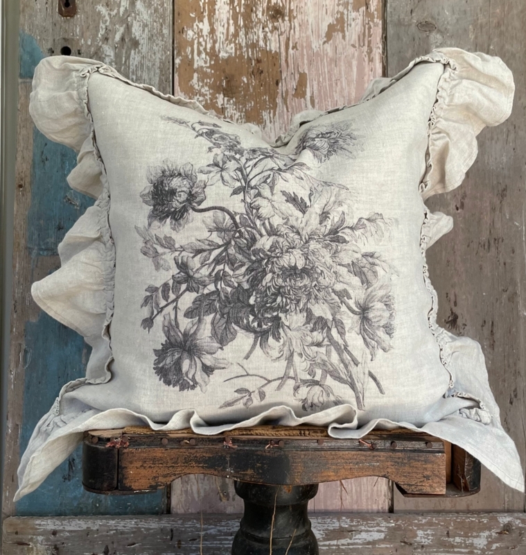 Throw Pillow Ruffled Edge Beige Linen Shabby Chic Floral Cushion