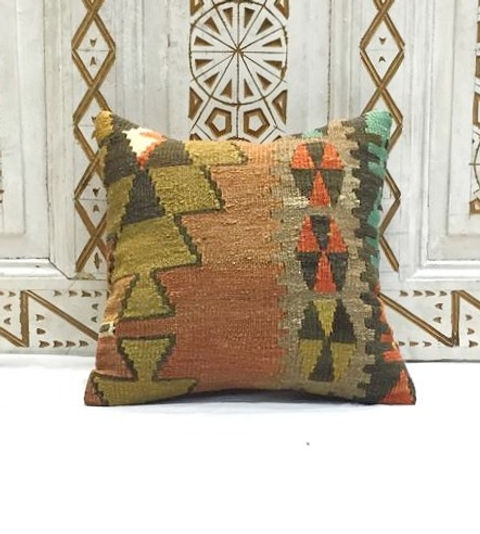 Throw Pillow: Rust & Cream Tribal Geometric Pattern, Fringed Edges