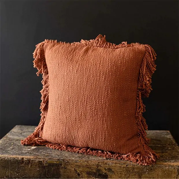 Throw Pillow Rust Fringed Trim Woven Fabric Earthy Farmhouse