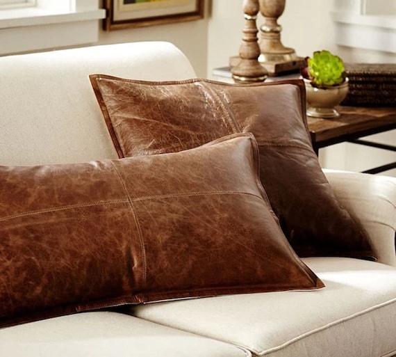 Throw Pillow: Rustic Brown Faux Leather, Visible Stitching, Farmhouse