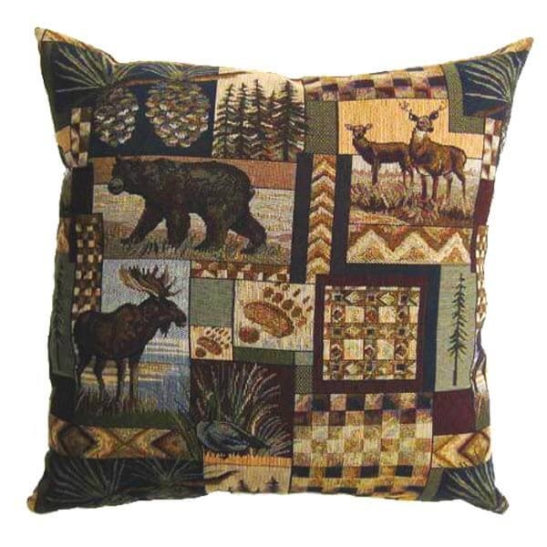 Throw Pillow Rustic Cabin Patchwork Lodge Motifs Piped Edge