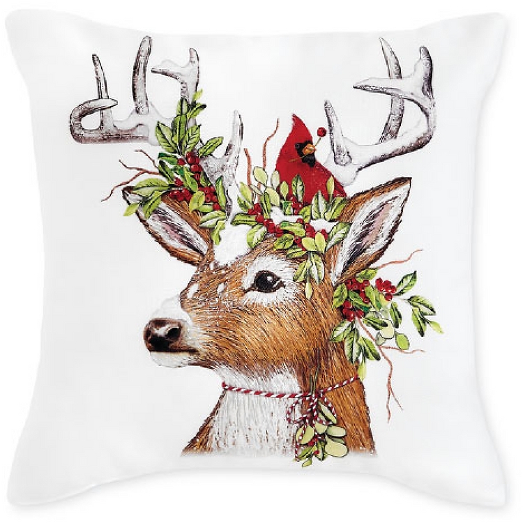 Throw Pillow Rustic Cream Red Holiday Deer Graphic Floral Accents