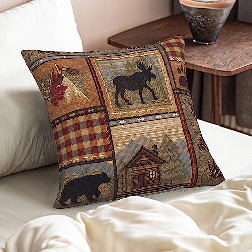 Throw Pillow Rustic Lodge Bear and Moose Motif Navy Blue Base