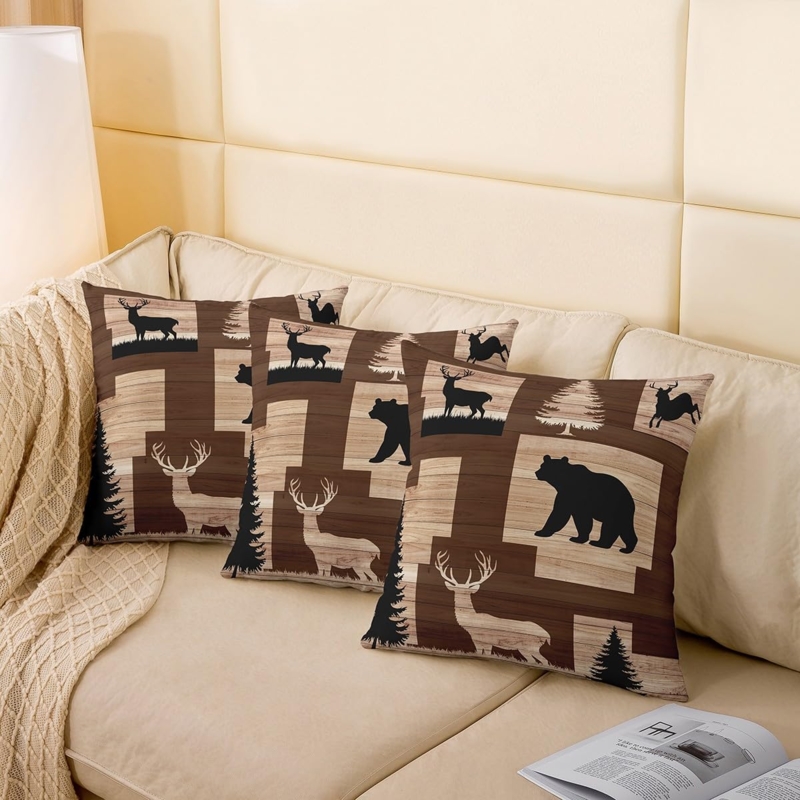 Throw Pillow Rustic Lodge Distressed Wood Wildlife Silhouettes