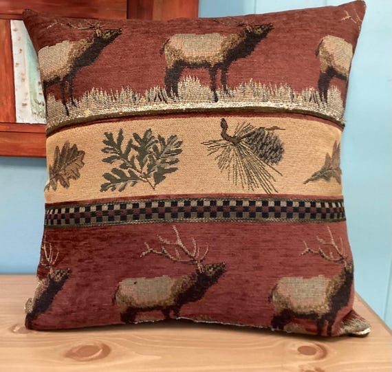 Throw Pillow Rustic Lodge Elk Silhouette Red Plaid Textile
