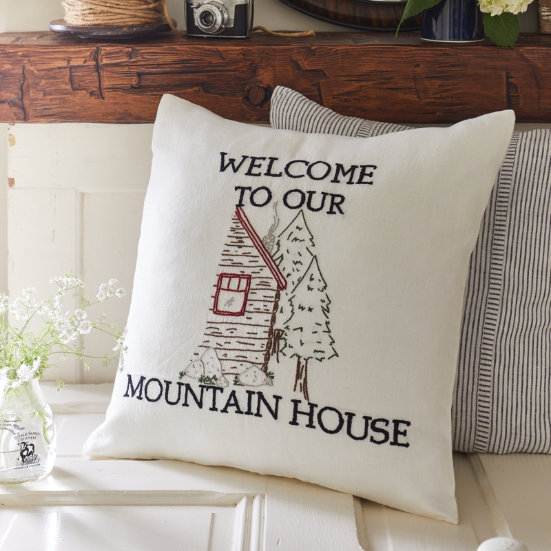 Throw Pillow, Rustic Mountain House Typography, Pine Tree Graphic, Cabin Decor