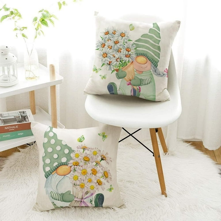 Throw Pillow: Sage Green Gnome & Daisy Patterns, Set of 4