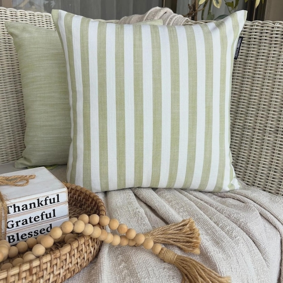 Throw Pillow, Sage Green Stripes Woven Texture Farmhouse Style Cover