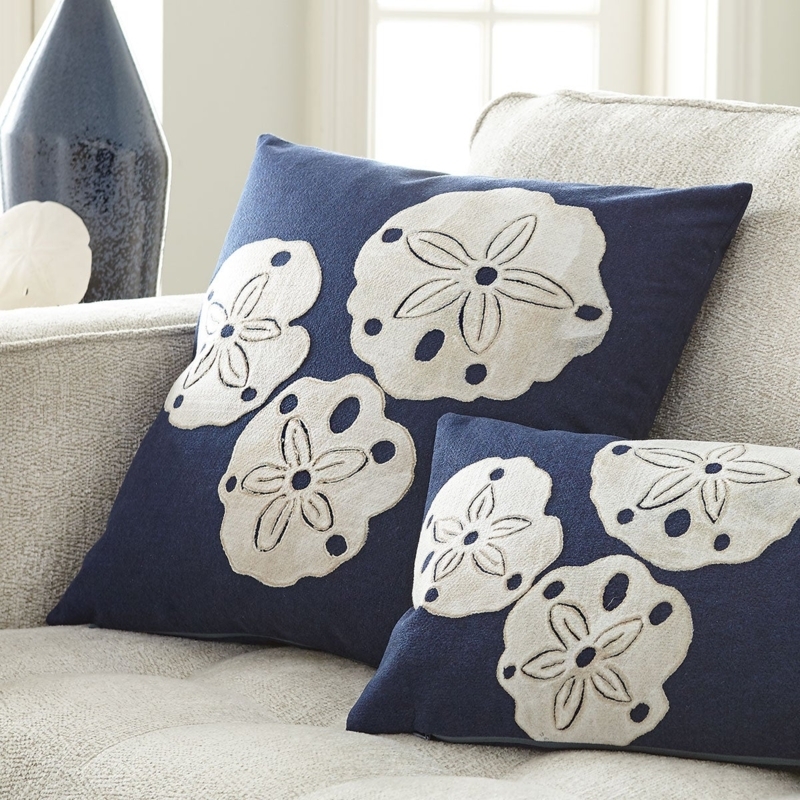 Throw Pillow Sand Dollar Motif Navy Blue Embroidered Detail Nautical