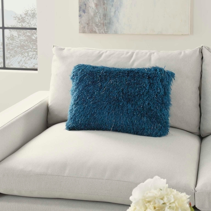 Throw Pillow, Saturated Teal Long-Pile Shag for Modern Glam Styling