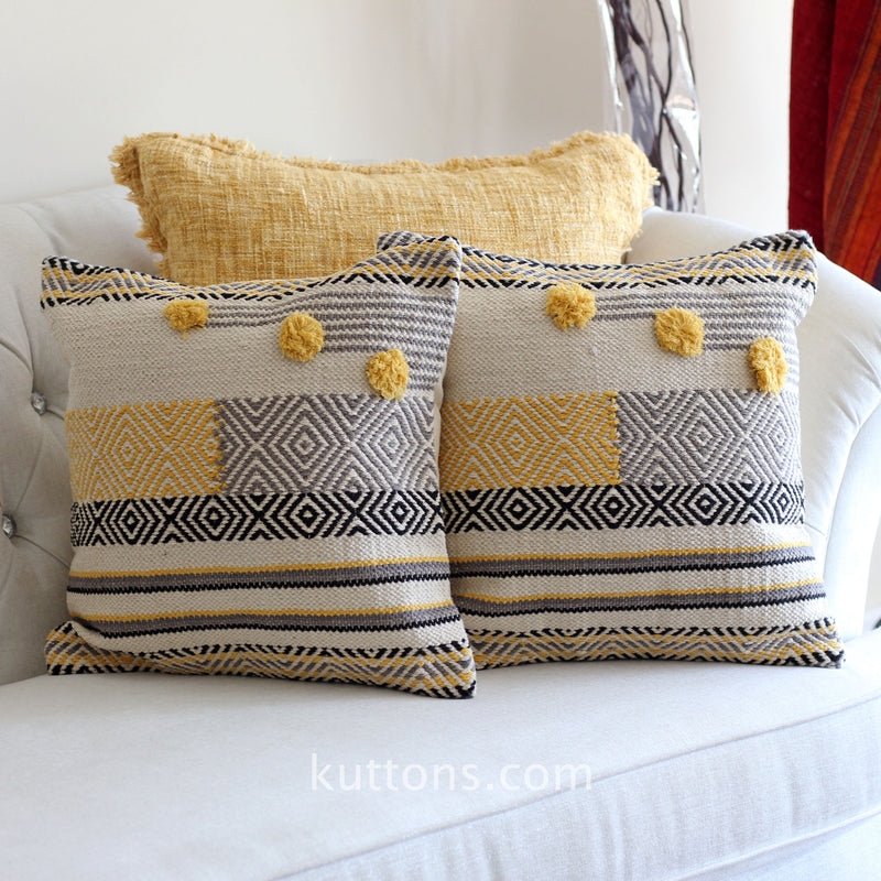 Throw Pillow Set 2 Handwoven Cotton Jute Raised Tufting Diamond