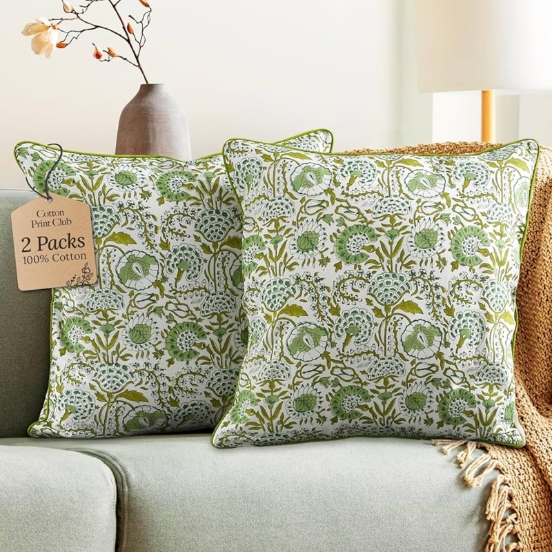 Throw Pillow Set: Agate Green Botanical Block Print, Boho Throw Pillows