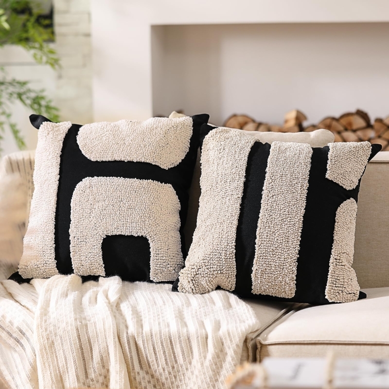 Throw Pillow Set: Chunky Tufted Monochromatic Geometry, Black & White