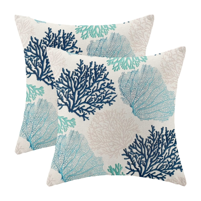 Throw Pillow Set Coral Branch Motif Two Tone Blue Piped Edges