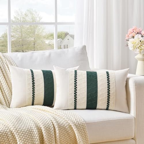 Throw Pillow Set, Dark Green Geometric Tufted Fringed Boho Lumbar