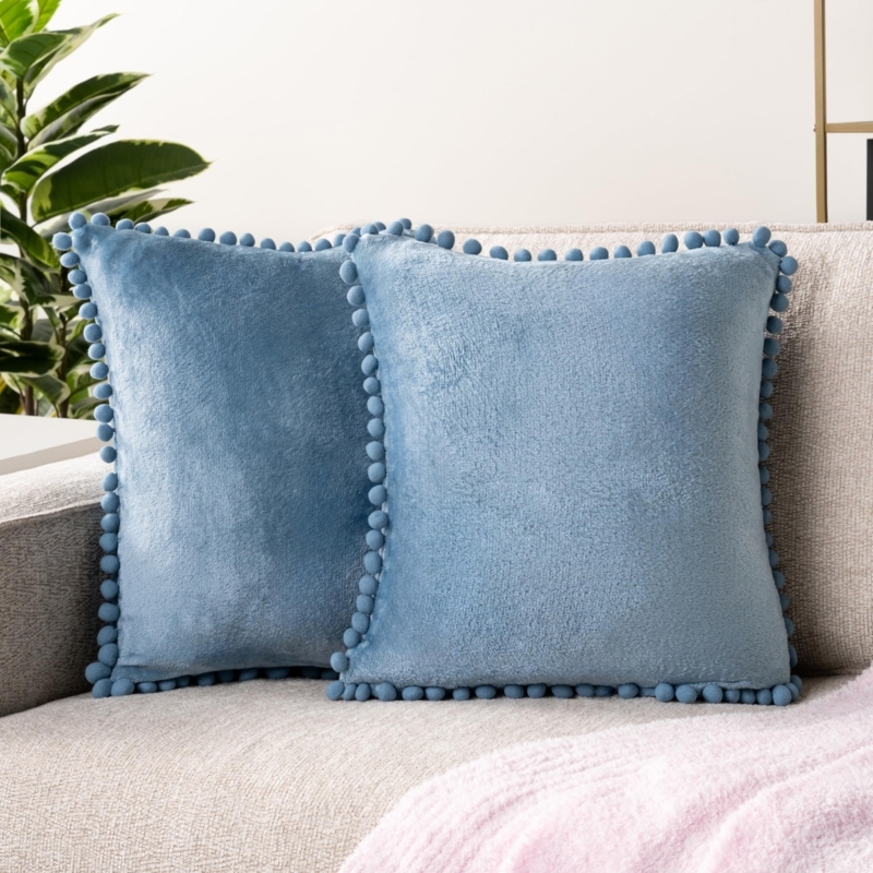 Throw Pillow Set: Dusty Blue Velvet with Pom Pom Trim