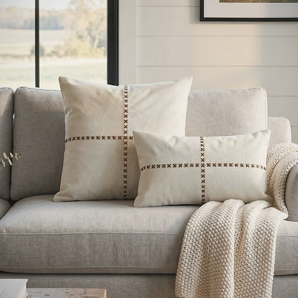 Throw Pillow Set Earthy Neutral Linen Like Flanged Edges Trio