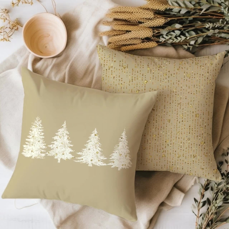 Throw Pillow Set: Evergreen Tree Motifs, Rustic Farmhouse Style.