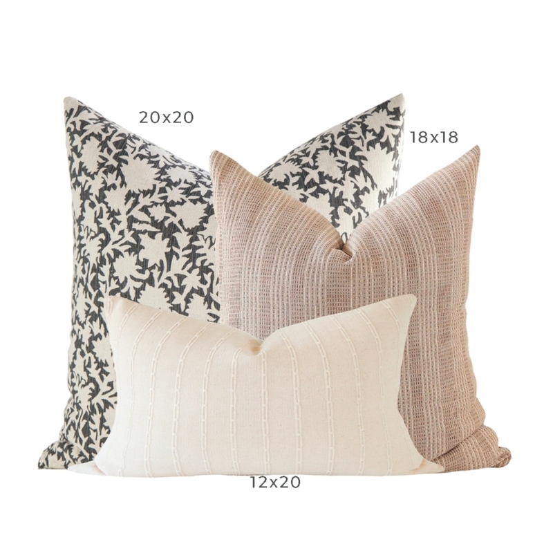 Throw Pillow Set Featuring Botanical Block Print and Contrast Lumbar
