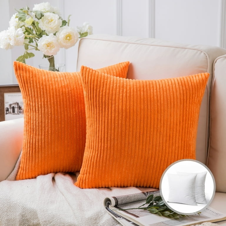 Throw Pillow Set featuring Wide-Ribbed Velvet Corduroy Texture, Orange