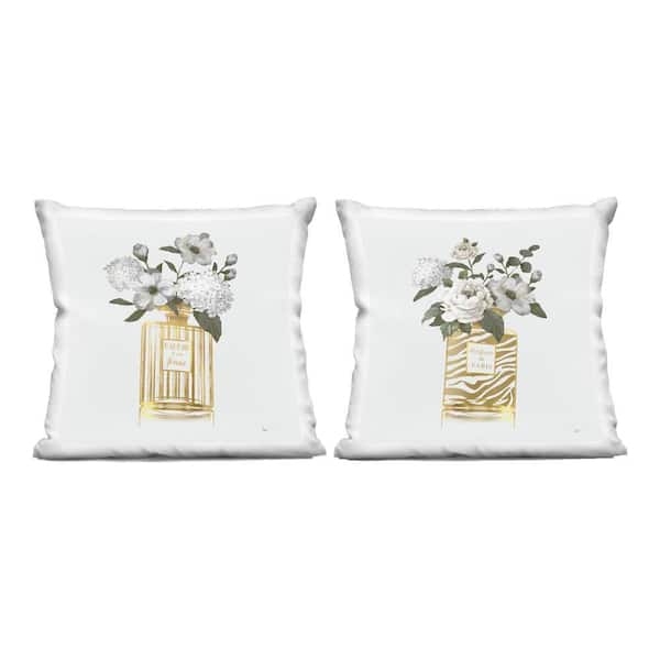 Throw Pillow Set: Glam Perfume Bottle and Floral Bouquet Graphic