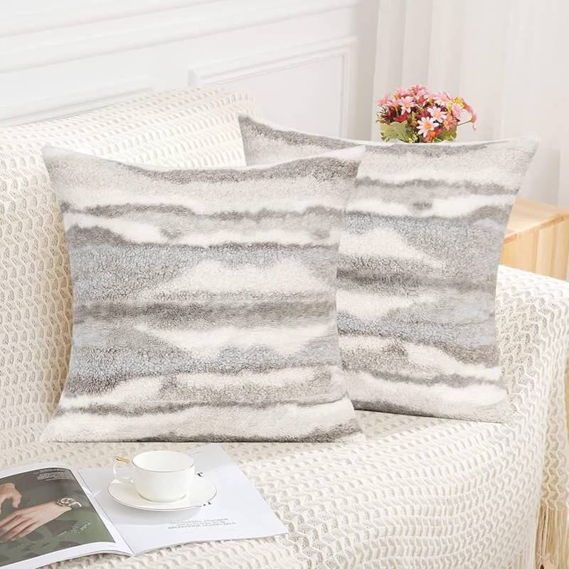 Throw Pillow Set in Grey Shaggy Faux Fur for Plush Comfort
