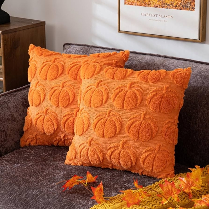 Throw Pillow Set in Pumpkin Orange Shaggy Faux Fur, Cozy Autumn Decor