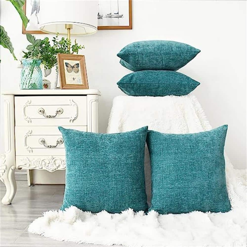 Throw Pillow Set in Saturated Teal Hue with Ribbed Chenille Texture