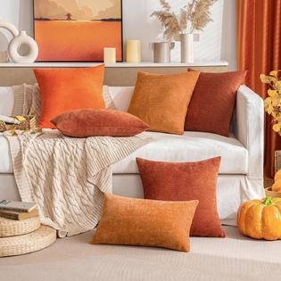Throw Pillow Set in Vibrant Orange with Plush Fuzzy Chenille Texture
