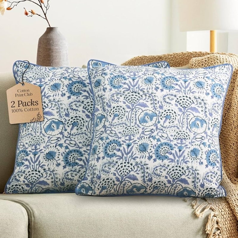 Throw Pillow Set: Indigo Blue Block Print, Artisan Style Decorative