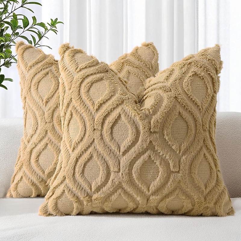 Throw Pillow Set: Khaki Curly Faux Wool for Cozy Farmhouse Living Room