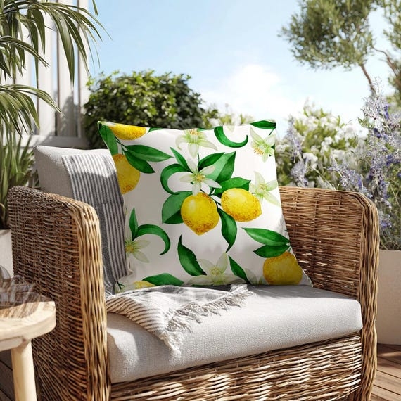 Throw Pillow Set Lemon Motif Striped Pattern Farmhouse Summer Decor
