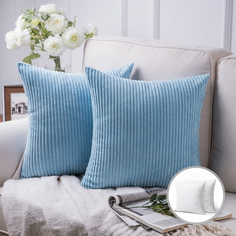 Throw Pillow Set: Light Blue Wide Ribbed Corduroy Texture
