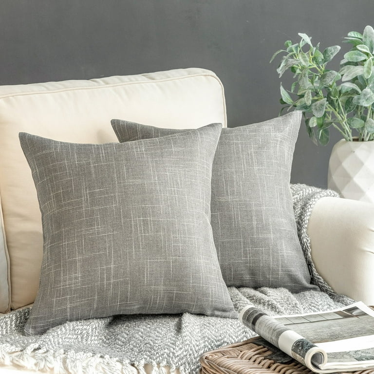 Throw Pillow Set: Light Gray Vertical Stripes, Linen Look Farmhouse Style.
