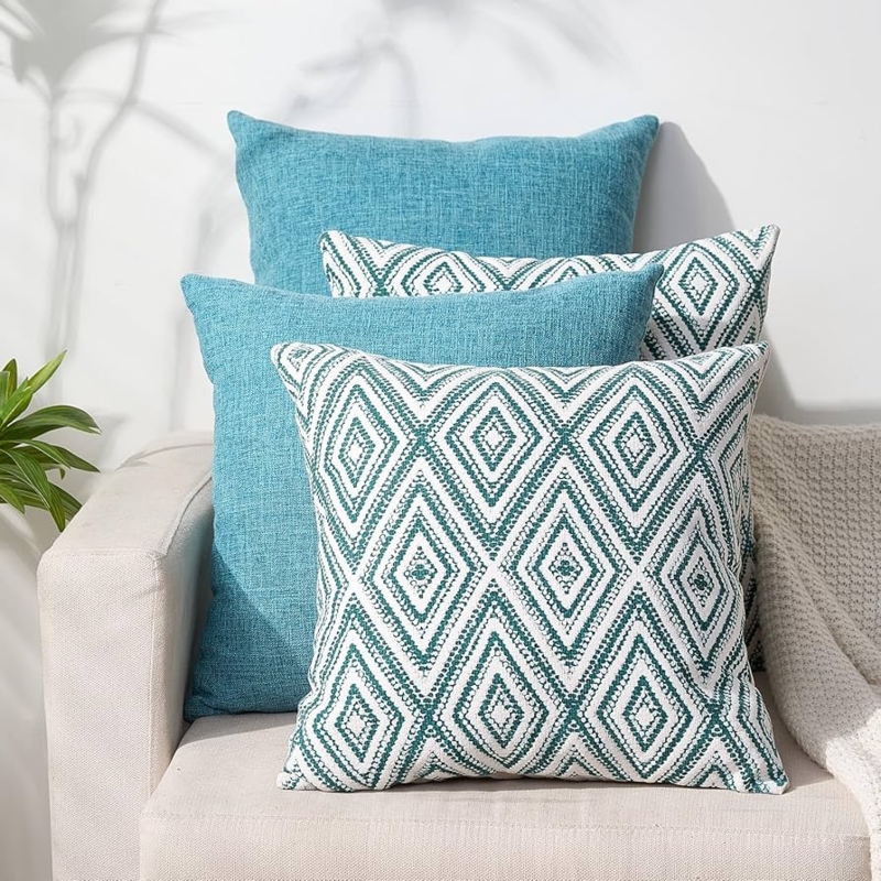Throw Pillow Set Mixed Geometric Patterns Aqua Blue Linen Decor.