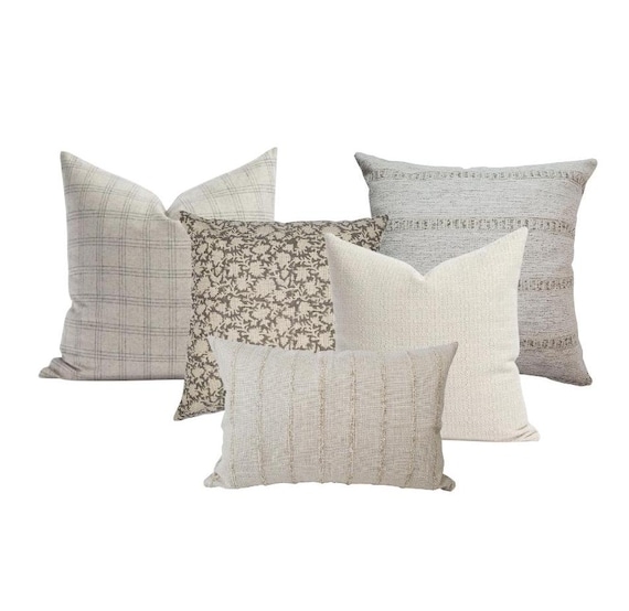 Throw Pillow Set: Mixed Pattern Pairing Grey Plaid Floral Transitional