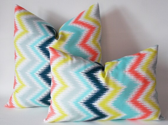 Throw Pillow Set Mustard Yellow Gray Chevron Cotton Like Modern