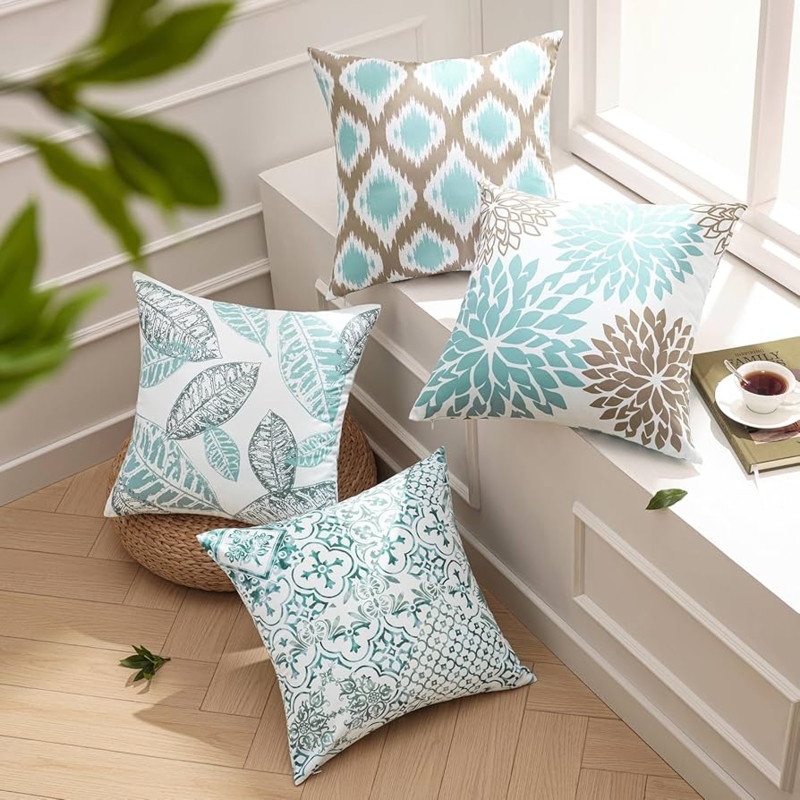 Throw Pillow Set: Navy and Coffee Botanical Leaf Embroidery, Modern Organic.