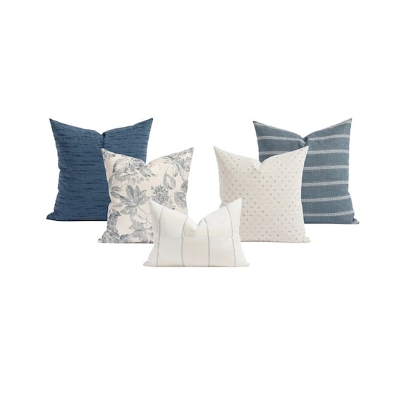 Throw Pillow Set: Navy Blue Palette Plaid Geometric Coastal Styling
