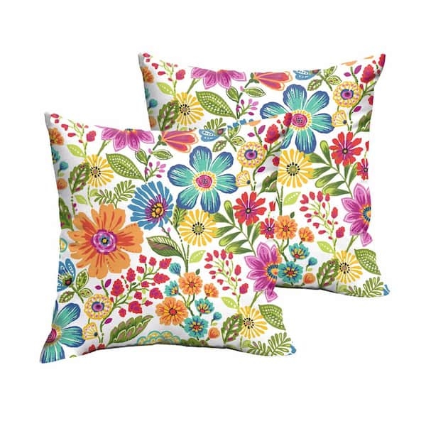 Throw Pillow Set of 2 Outdoor Dark Base Vibrant Floral Knife Edge