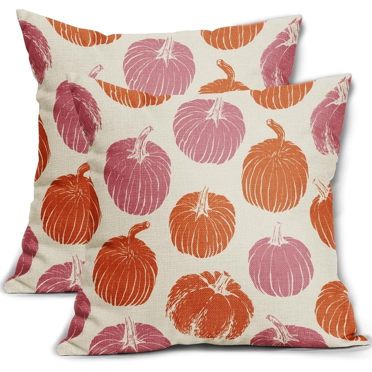 Throw Pillow Set of 2: Pink Orange Palette, Pumpkin Harvest Print.